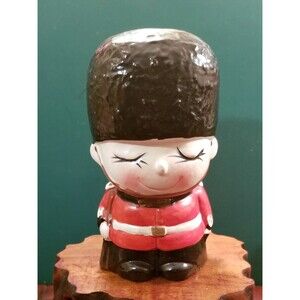 Vintage Toy Soldier Hand Painted Ceramic Bank Made in Japan 6.75"X3.5" Diameter
